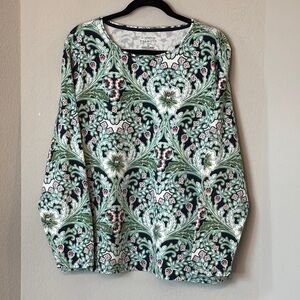 Talbots Floral Tee Top 2X Scoop Neck Cotton Stretch Long Sleeve Navy Green